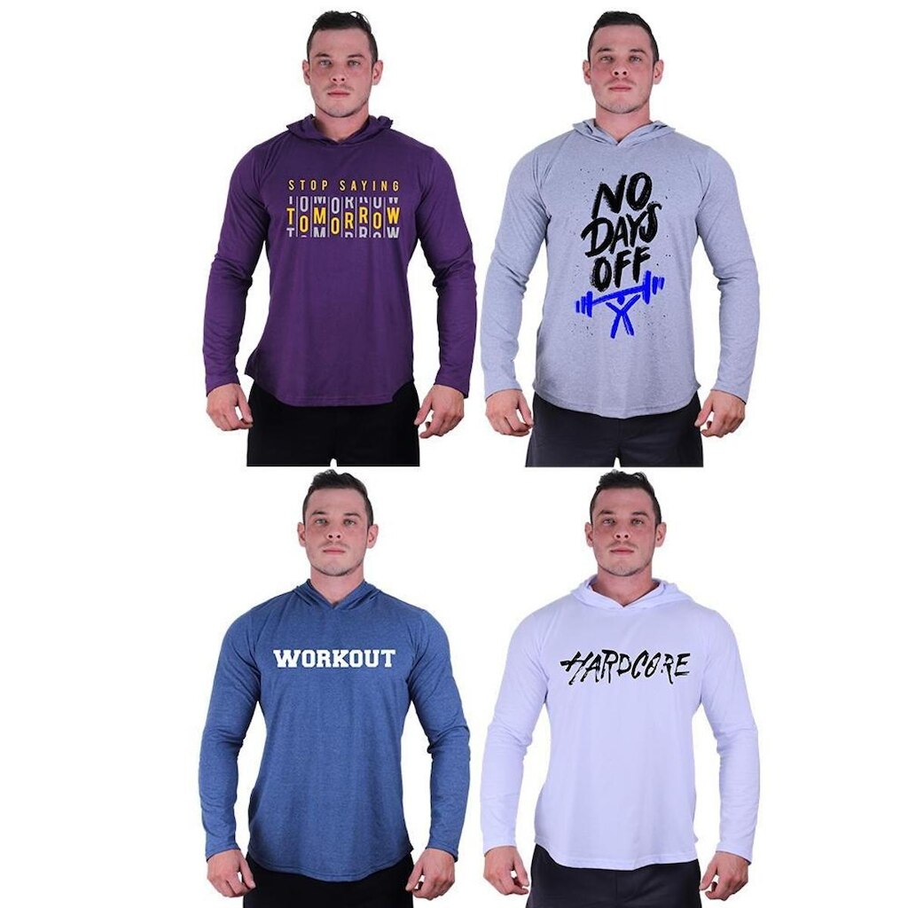 Kit 4 Camisetas Manga Longa com Touca Longline Estampada Treino Academia Lazer Casual