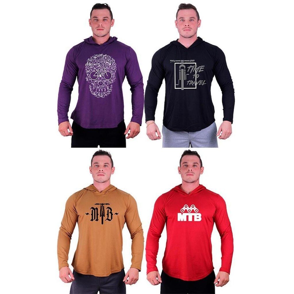 Kit 4 Camisetas Manga Longa com Touca Longline Estampada Treino Academia Lazer Casual