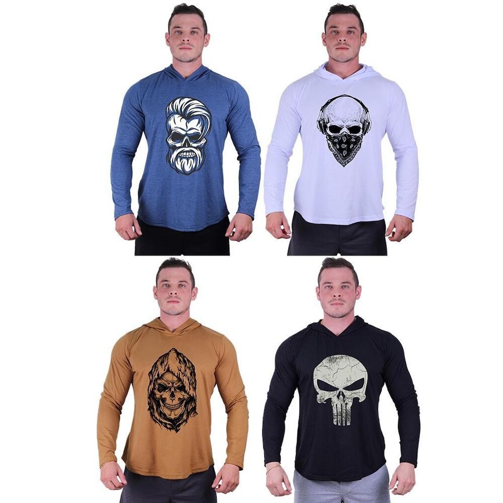 Kit 4 Camisetas Manga Longa com Touca Longline Estampada Treino Academia Lazer Casual