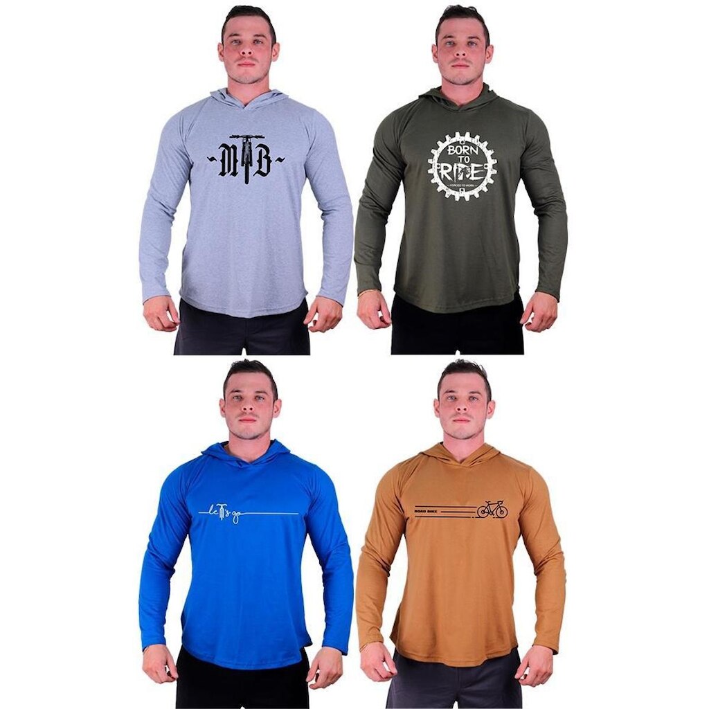 Kit 4 Camisetas Manga Longa com Touca Longline Estampada Treino Academia Lazer Casual