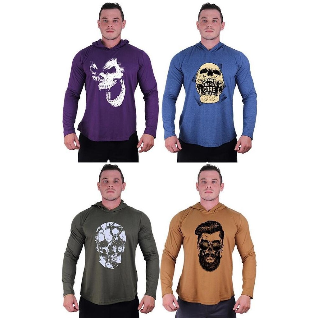 Kit 4 Camisetas Manga Longa com Touca Longline Estampada Treino Academia Lazer Casual