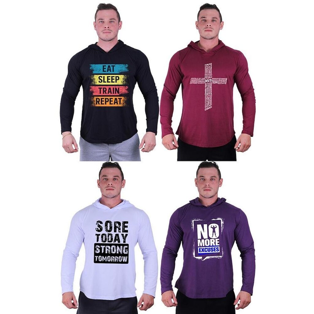 Kit 4 Camisetas Manga Longa com Touca Longline Estampada Treino Academia Lazer Casual