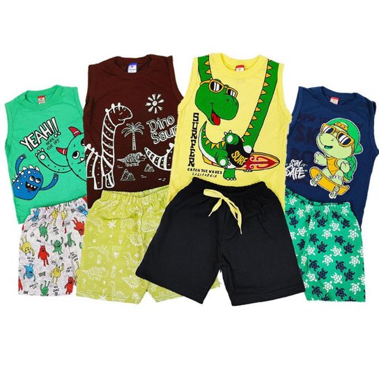 Kit 4 Conjuntos Regatas Meninos de 1 a 8 Anos - Azul Menor preço em Kit 4 Conjuntos Regatas Meninos de 1 a 8 Anos - Azul