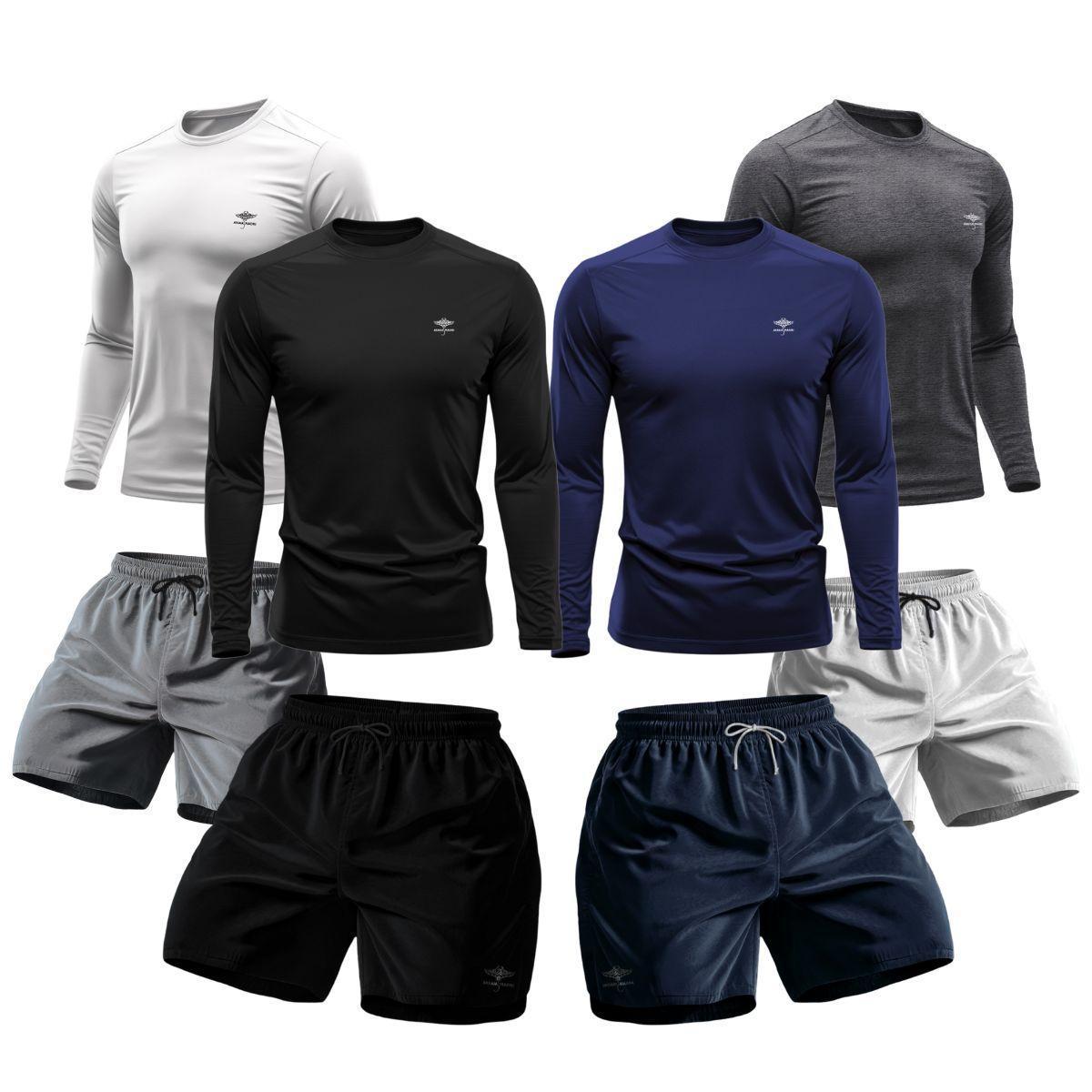 Kit 4 Masculino Camisetas Dry Manga Longa Proteção Uv E 4 Short Mauricinho Verão Academia Básico