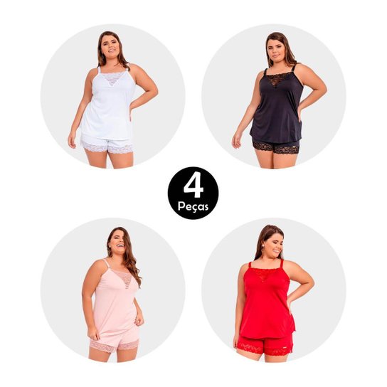 Kit 4 Pijama Baby Doll IMI Lingerie Em Microfibra E Renda Plus Size Cecília - Preto+Branco Menor preço em Kit 4 Pijama Baby Doll IMI Lingerie Em Microfibra E Renda Plus Size Cecília - Preto+Branco