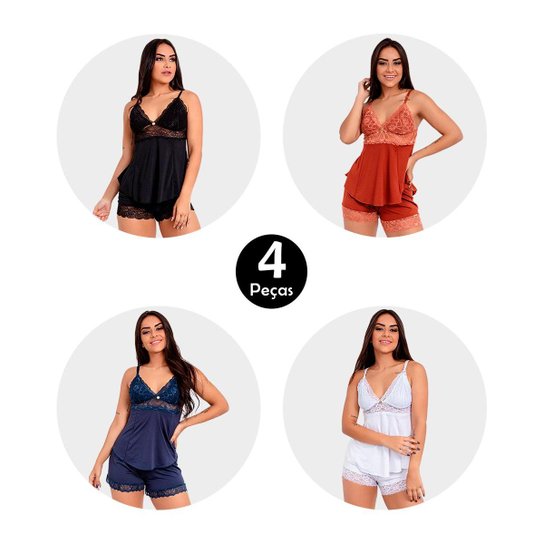 Kit 4 Pijama Short Doll Baby Doll IMI Lingerie Microfibra E Renda Hope - Preto+Branco Menor preço em Kit 4 Pijama Short Doll Baby Doll IMI Lingerie Microfibra E Renda Hope - Preto+Branco
