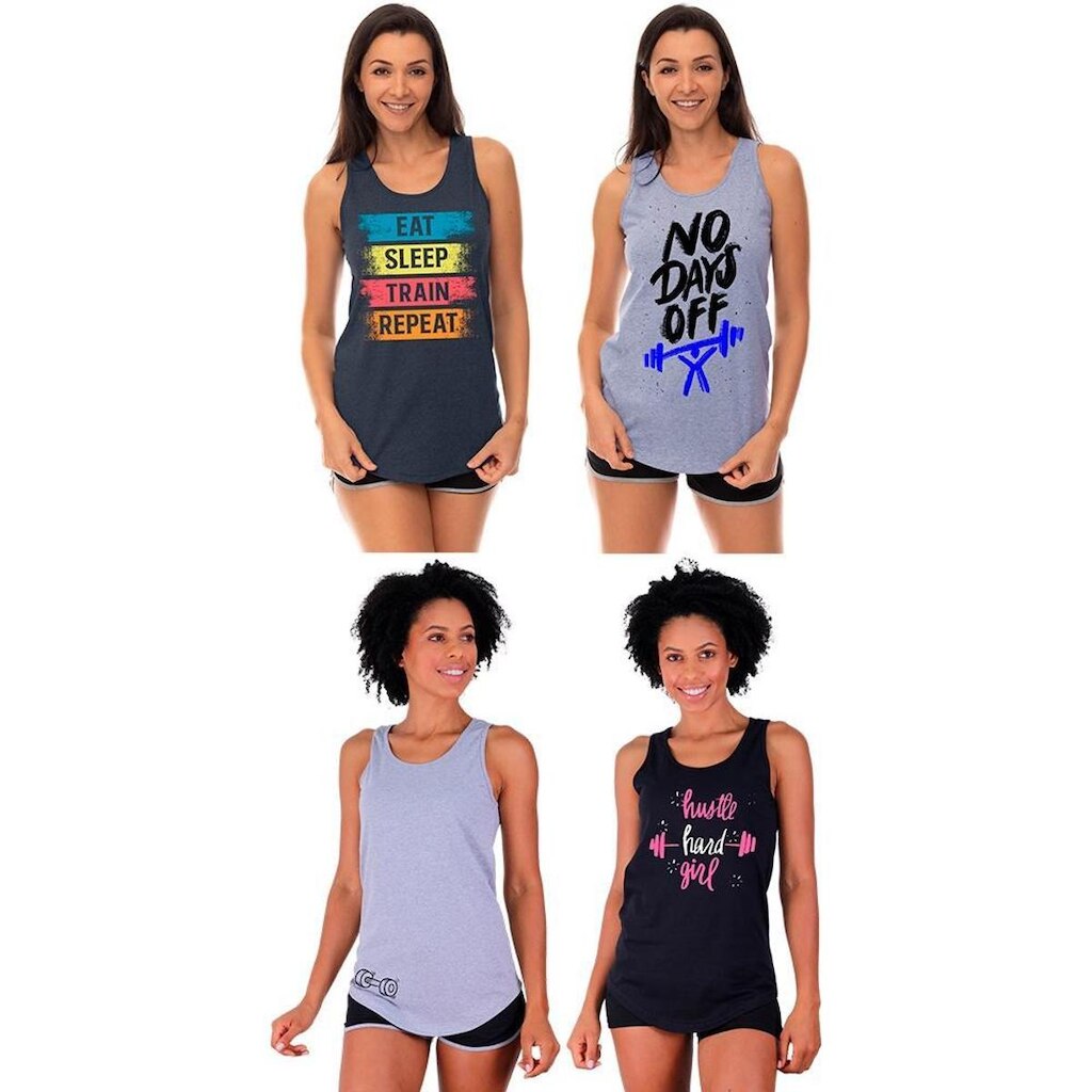 Kit 4 Regatas Longline Feminina MXD Conceito Slim Diversas Estampas