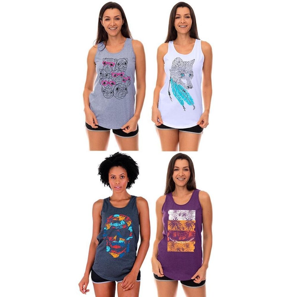 Kit 4 Regatas Longline Feminina MXD Conceito Slim Diversas Estampas