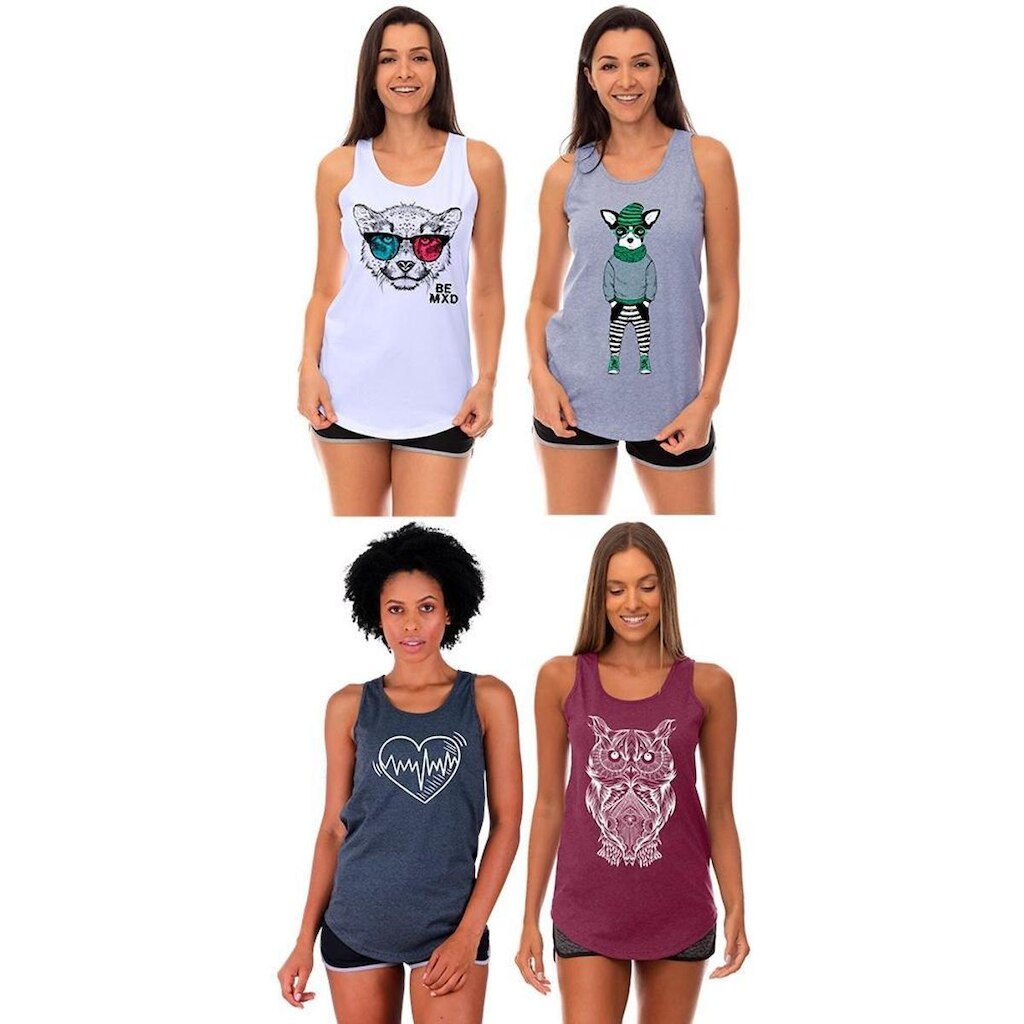 Kit 4 Regatas Longline Feminina MXD Conceito Slim Diversas Estampas