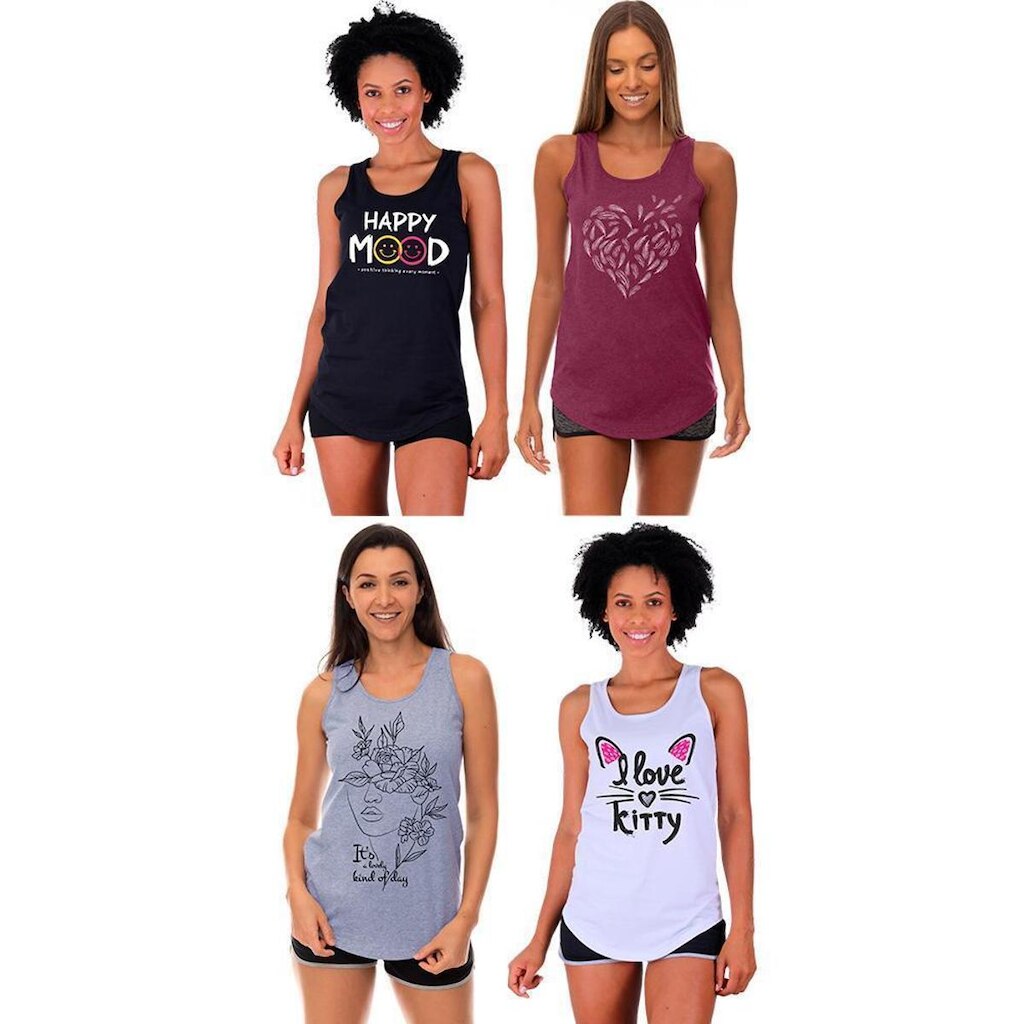 Kit 4 Regatas Longline Feminina MXD Conceito Slim Diversas Estampas