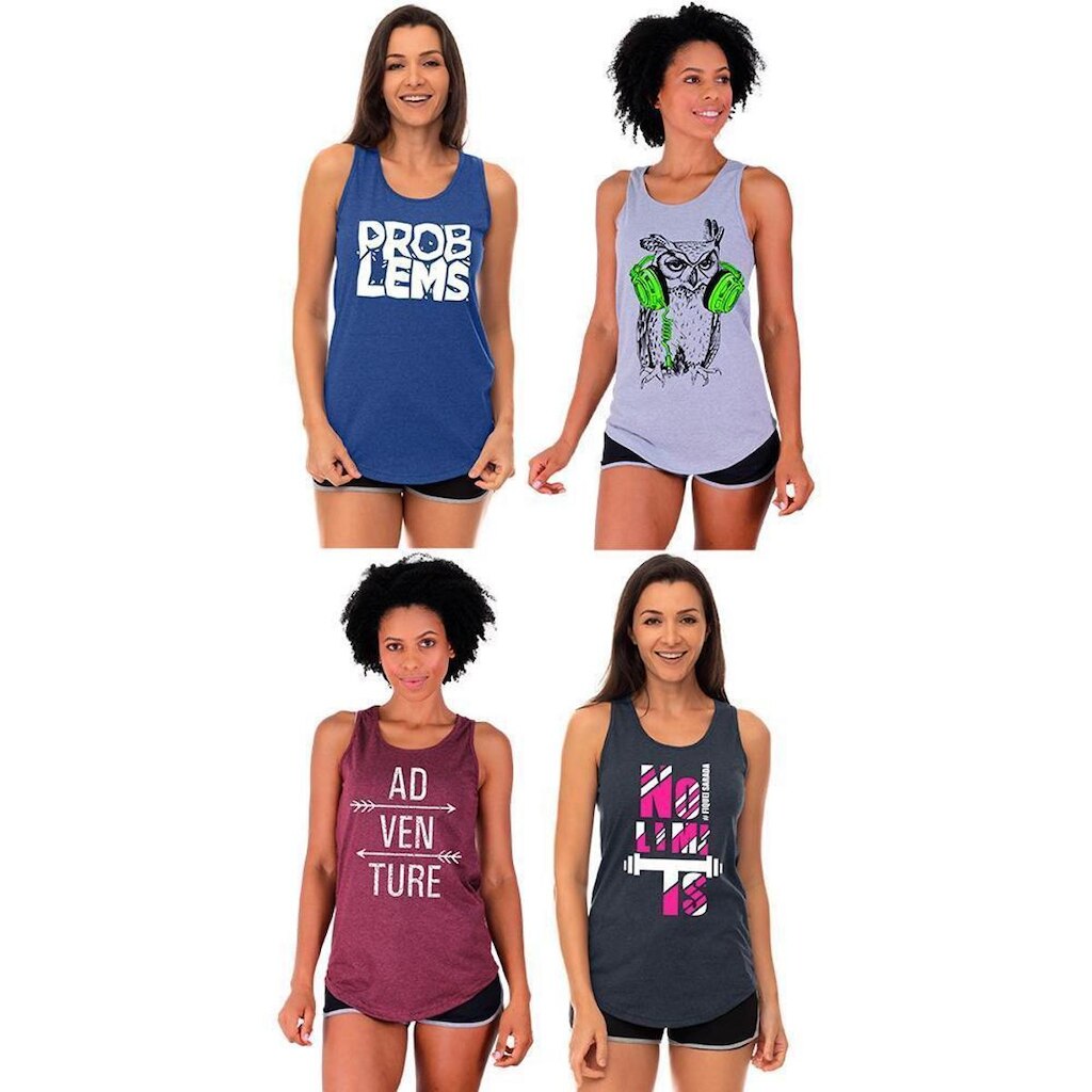 Kit 4 Regatas Longline Feminina MXD Conceito Slim Diversas Estampas