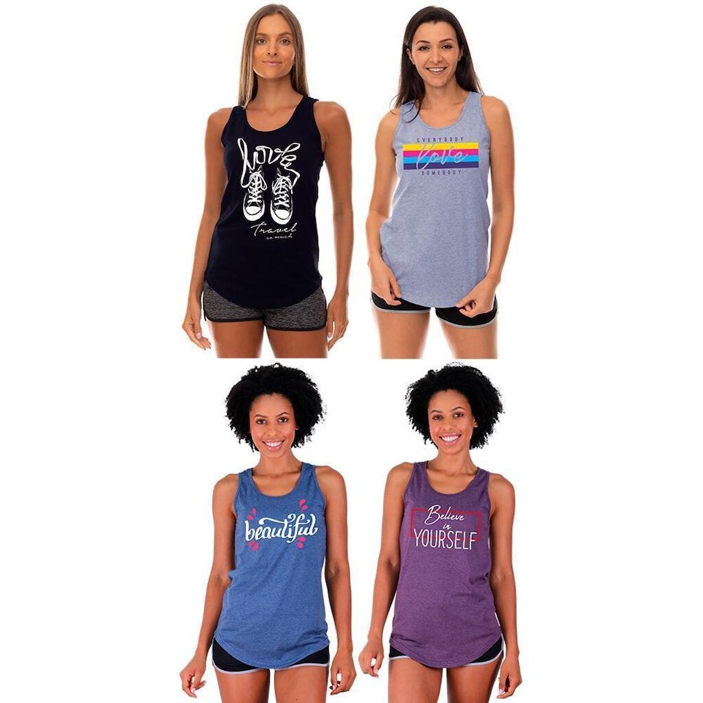 Kit 4 Regatas Longline Feminina MXD Conceito Slim Diversas Estampas