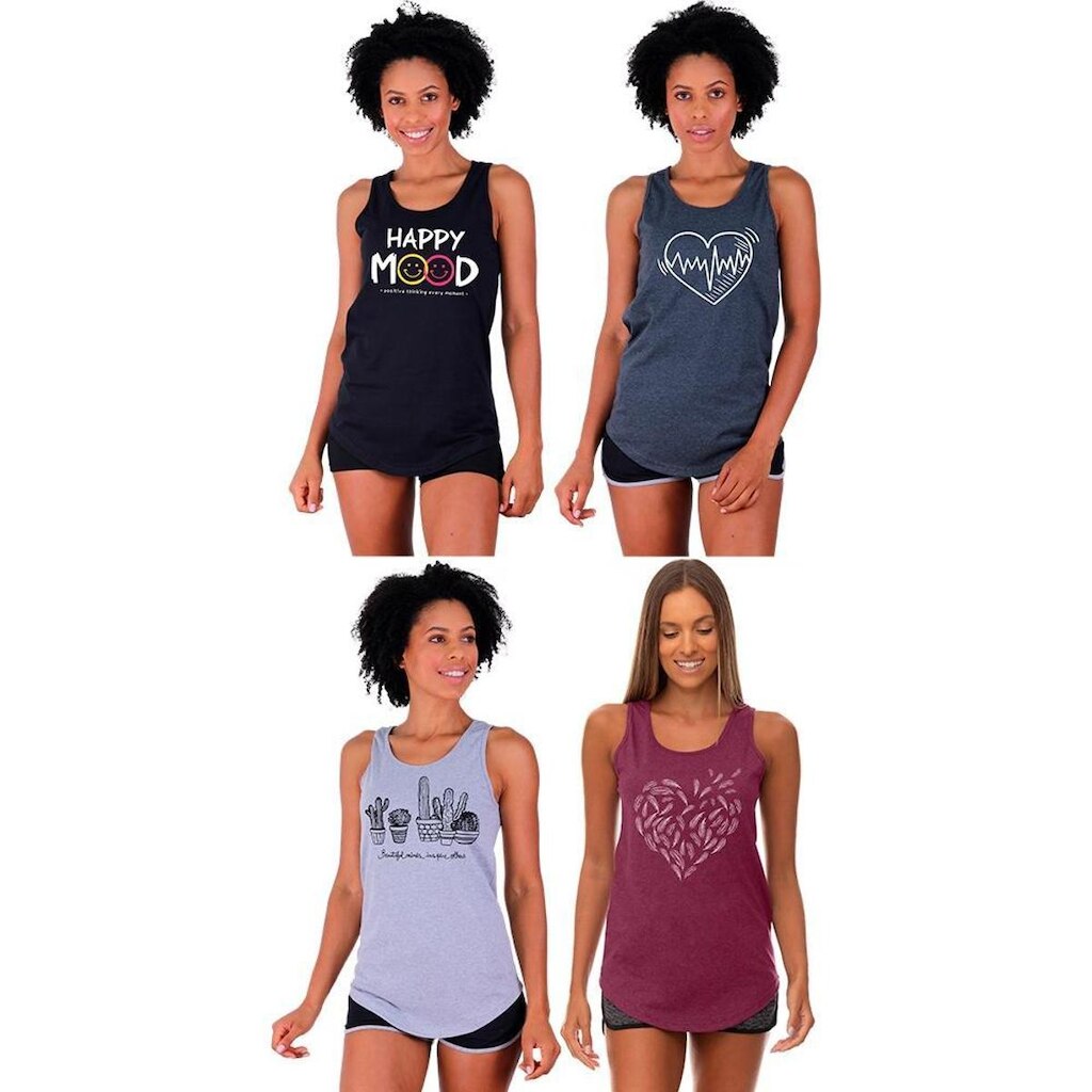 Kit 4 Regatas Longline Feminina MXD Conceito Slim Diversas Estampas