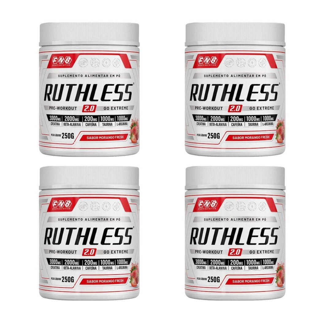 Kit 4 Ruthless 2.0 Pré-treino Sabor Morango 4x250g FNB Sport Nutrition
