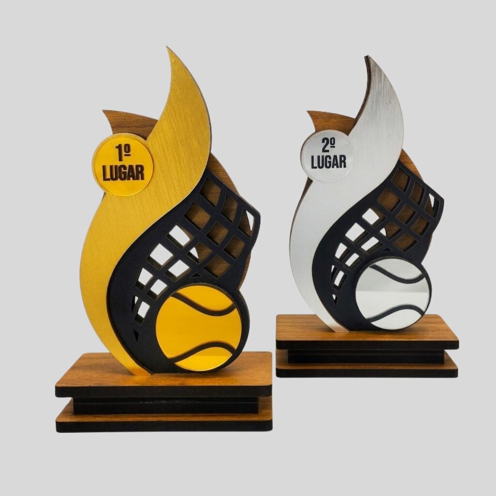 Kit 4 Troféus Beach Padel Tenis 20cm Mdf Acrílico Ouro Prata Premium Modernos