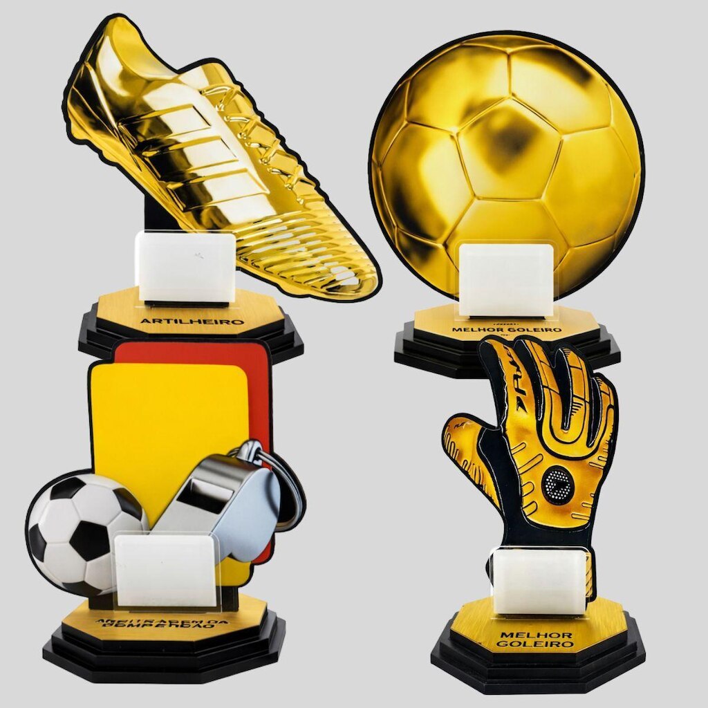 Kit 4 Troféus Futebol 20cm Ouro Mdf E Acrílico Destaques do Campeonato