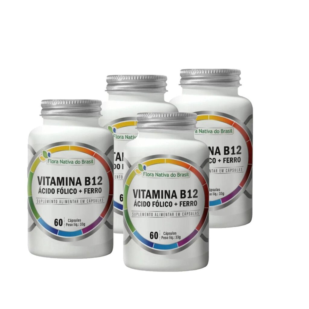 Kit 4 Vitamina B12 Metilcobalamina + Ácido Fólico + Ferro 4X60 caps Flora Nativa