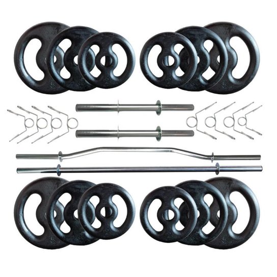 Kit 40 Kg de Anilhas Ferro + 02 Barras de 40cm + Barra W + Barra 120m - Preto Menor preço em Kit 40 Kg de Anilhas Ferro + 02 Barras de 40cm + Barra W + Barra 120m - Preto