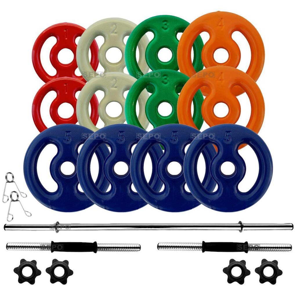 Kit 40Kg Anilhas Emborrachadas com 1 Barra 1,50m e 2 Barras com Rosca 0,40cm