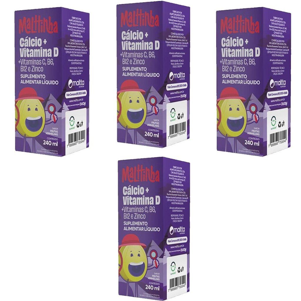 Kit 4x Cálcio + Vitamina D 4x240ml Sabor Frutas Vermelhas Malttinha Maltta