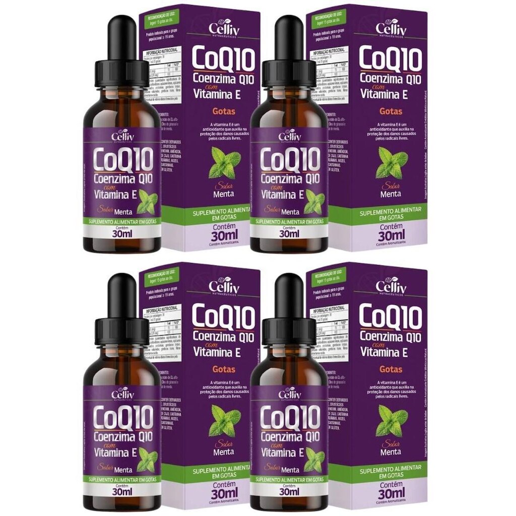 Kit 4x Coenzima Q10 100mg 30ml Sabor Menta Celliv