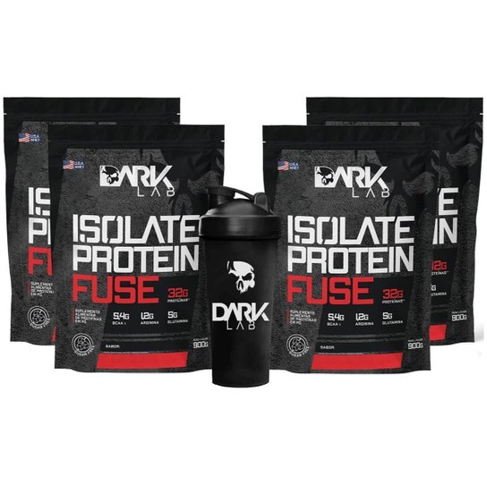 Kit 4x Isolate Protein Fuse 900g + Coqueteleira Caveira Dark Lab Menor preço em Kit 4x Isolate Protein Fuse 900g + Coqueteleira Caveira Dark Lab