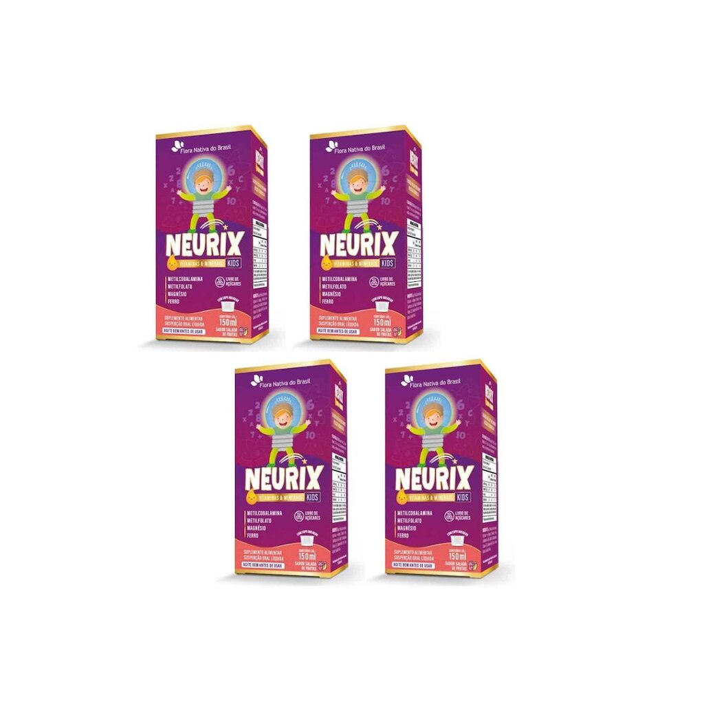 Kit 4x Neurix Mg Ferro Metilfolato e B12 4x150ml Salada de Frutas Flora Nativa