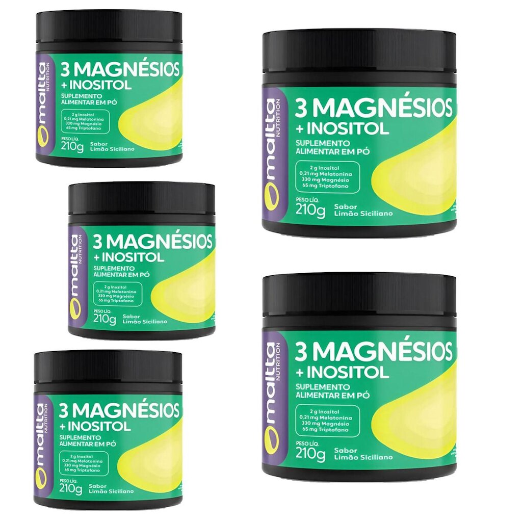 Kit 5 3 Magnésios + Inositol em pó Sabor Limão 5x210g - Maltta
