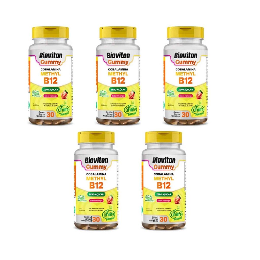 Kit 5 Bioviton Gummy Methyl B12 Sabor Morango 5x30 gomas Unilife
