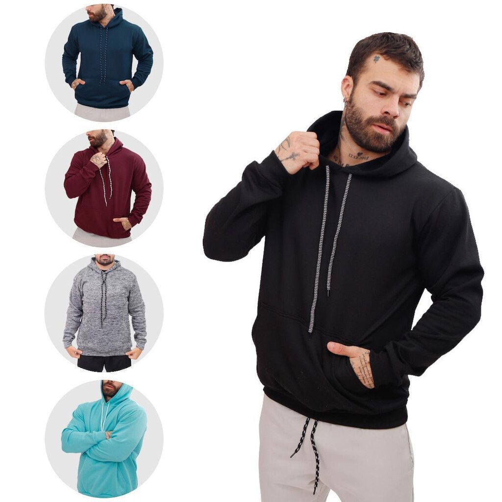 Kit 5 Blusas Moletom Canguru com Capuz Liso Adulto