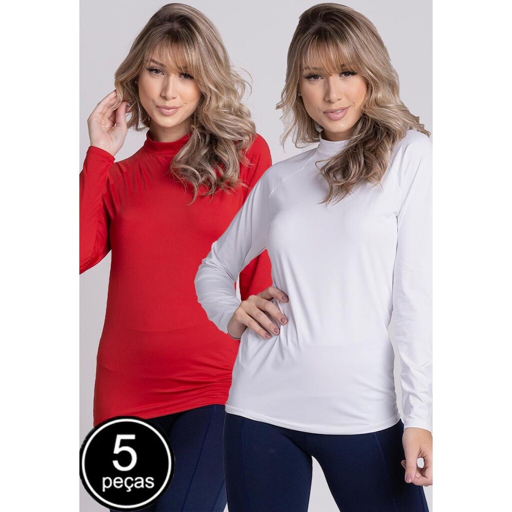 Kit 5 Blusas Térmica Serra e Mar Feminina Poliéster Proteção UV Manga Comprida