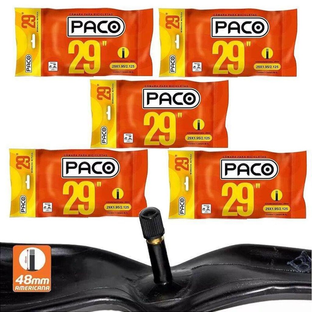 KIT 5 CAMARA DE AR PACO 29X1.95/2.125 VALVULA AMERICANA 48MM