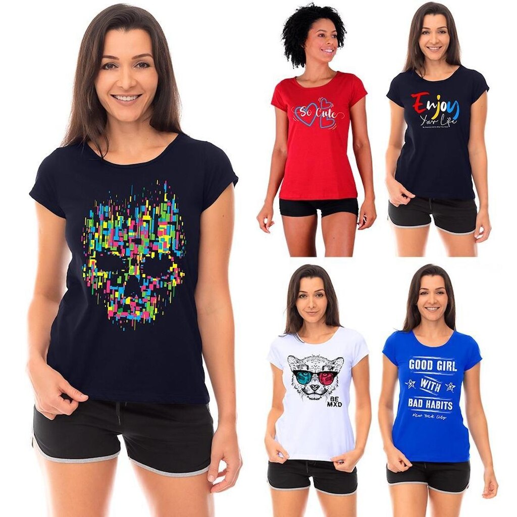 Kit 5 Camisa Babylook MXD Conceito Casual Fitness Cores Básicas e Estampas Diversas