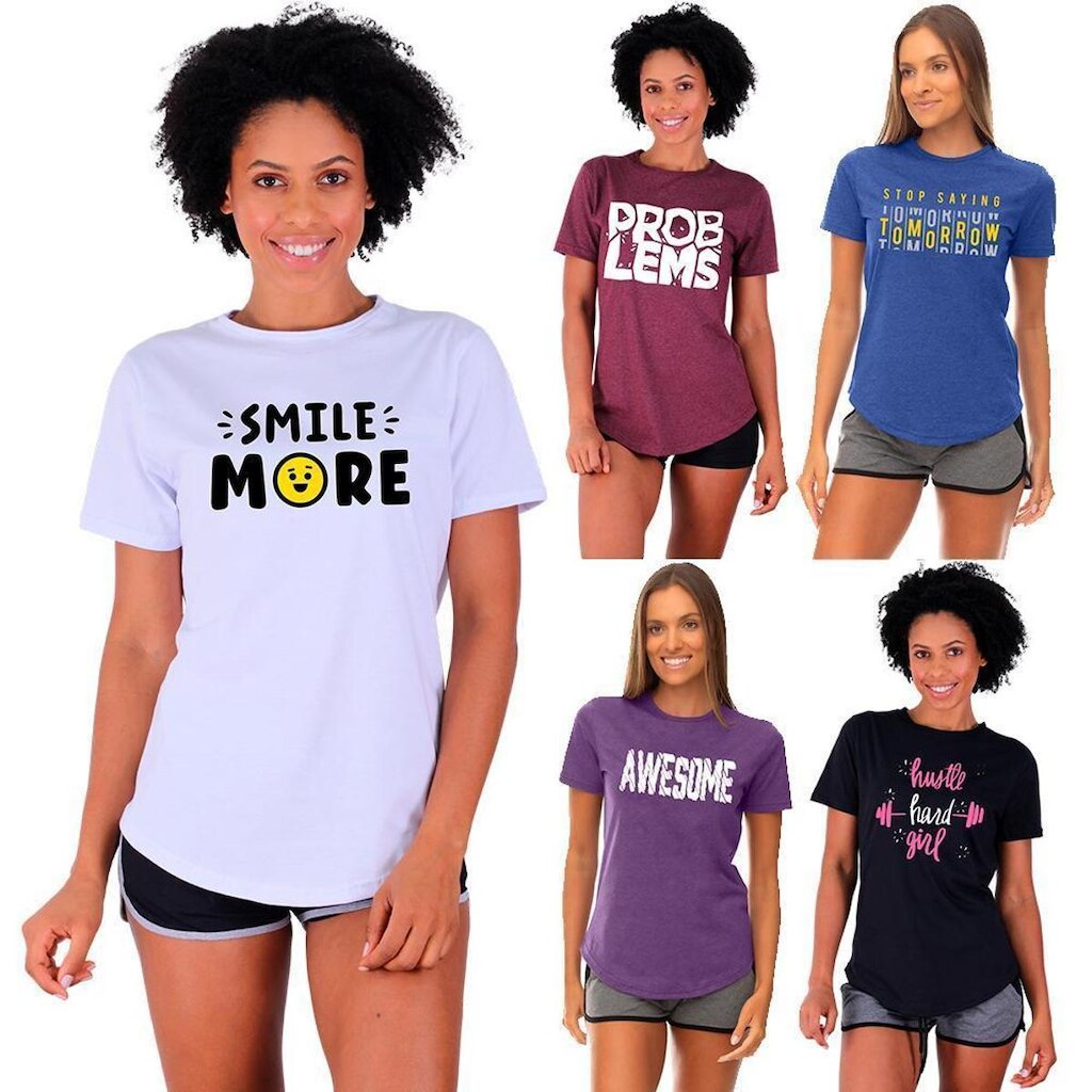 Kit 5 Camisetas Longline Feminina MXD Conceito Slim Diversas Estampas