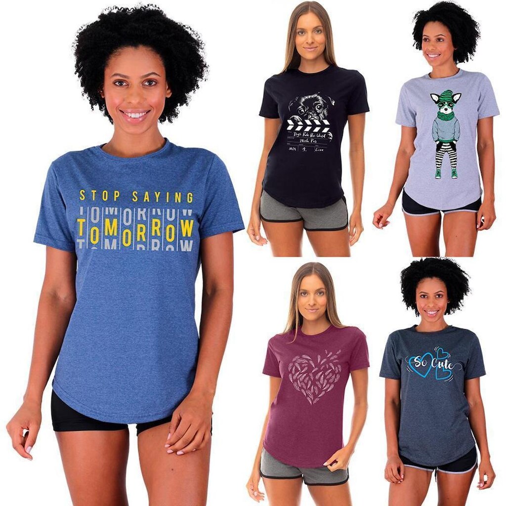 Kit 5 Camisetas Longline Feminina MXD Conceito Slim Diversas Estampas