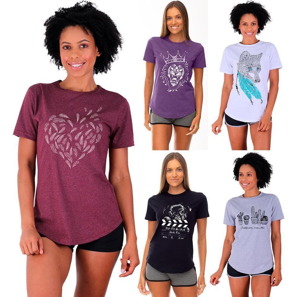 Kit 5 Camisetas Longline Feminina MXD Conceito Slim Diversas Estampas