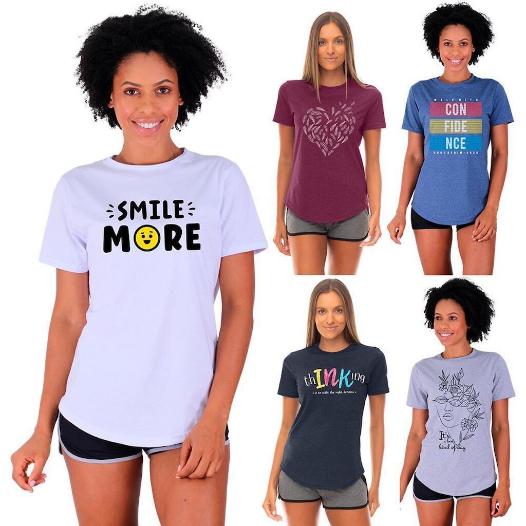 Kit 5 Camisetas Longline Feminina MXD Conceito Slim Diversas Estampas
