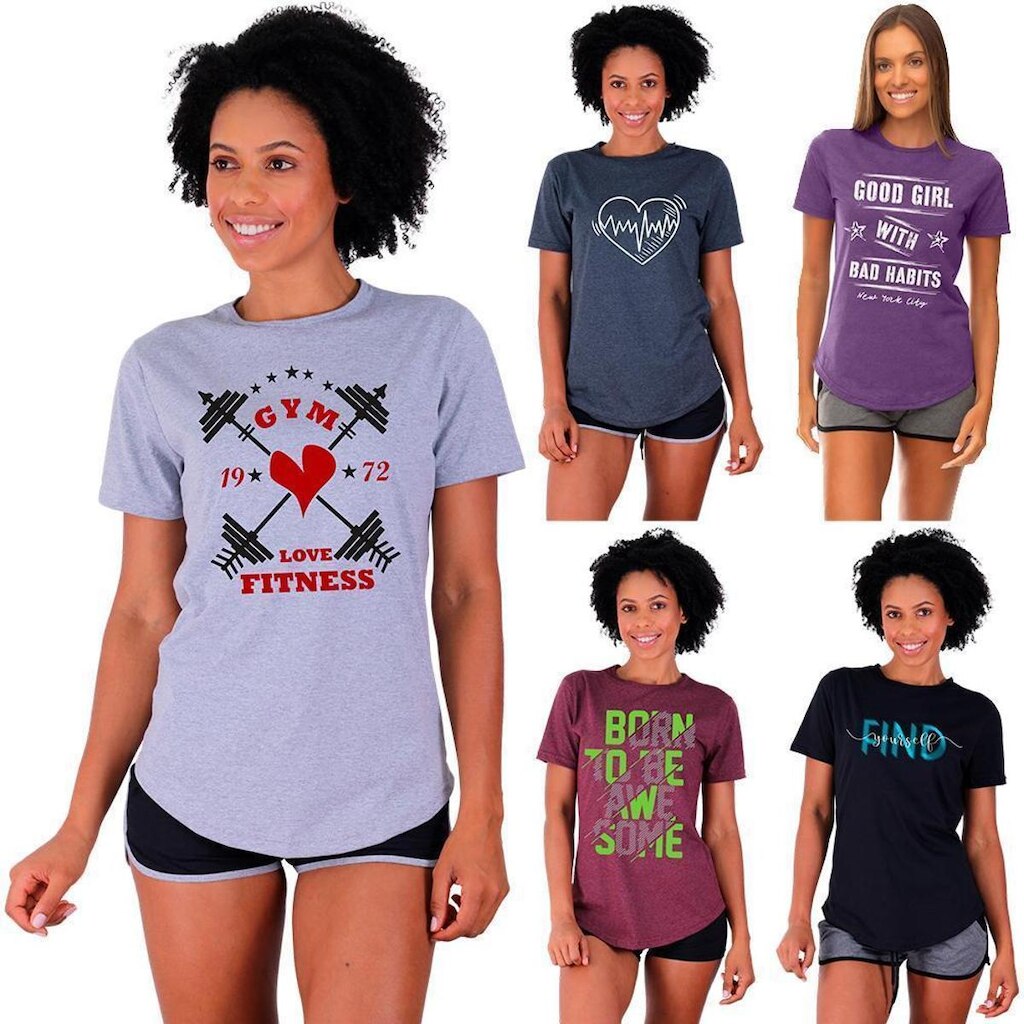 Kit 5 Camisetas Longline Feminina MXD Conceito Slim Diversas Estampas