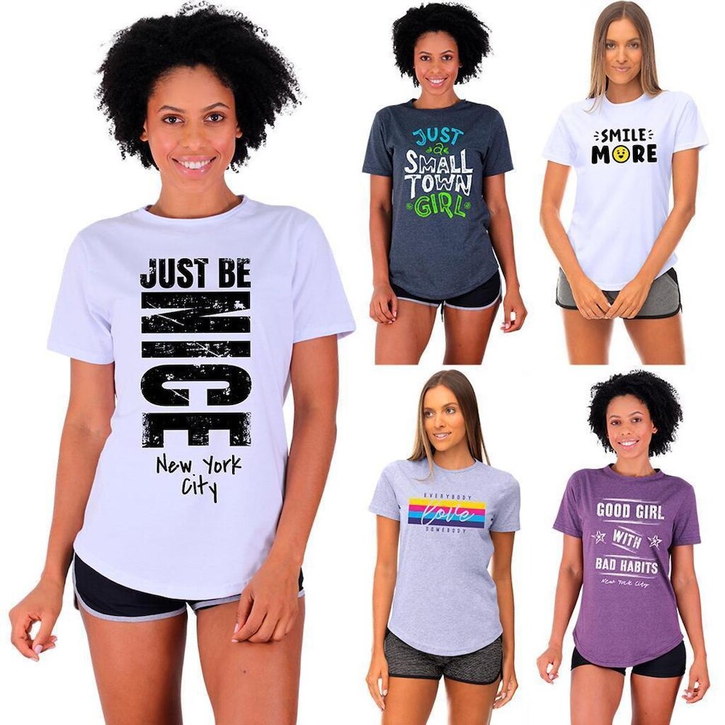 Kit 5 Camisetas Longline Feminina MXD Conceito Slim Diversas Estampas