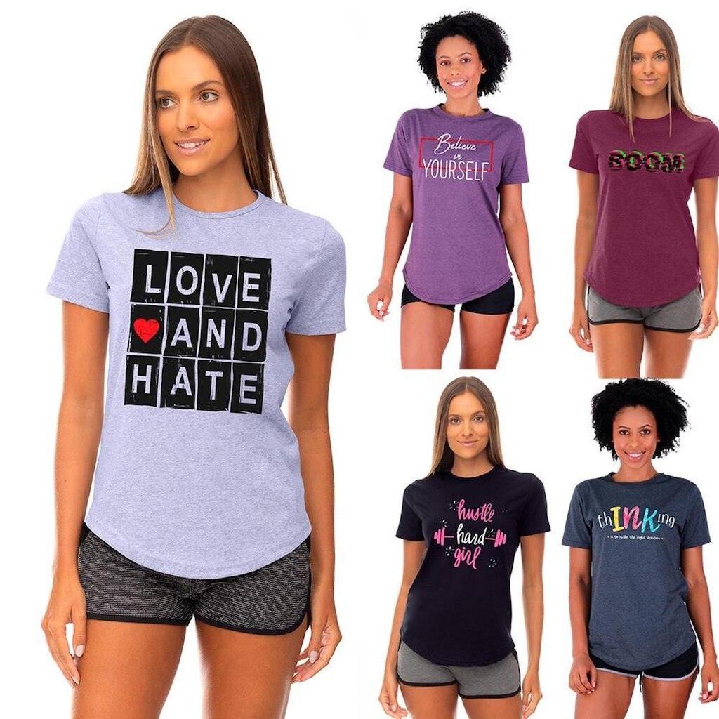 Kit 5 Camisetas Longline Feminina MXD Conceito Slim Diversas Estampas