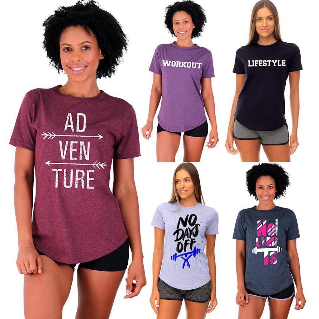 Kit 5 Camisetas Longline Feminina MXD Conceito Slim Diversas Estampas