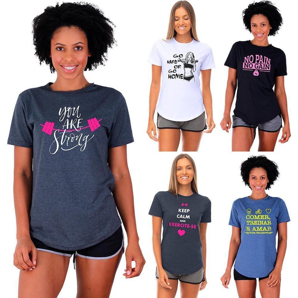 Kit 5 Camisetas Longline Feminina MXD Conceito Slim Diversas Estampas