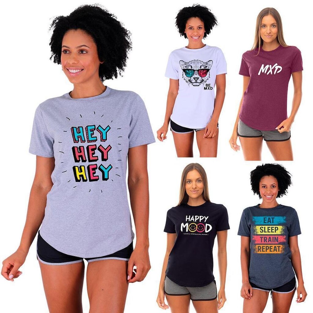 Kit 5 Camisetas Longline Feminina MXD Conceito Slim Diversas Estampas
