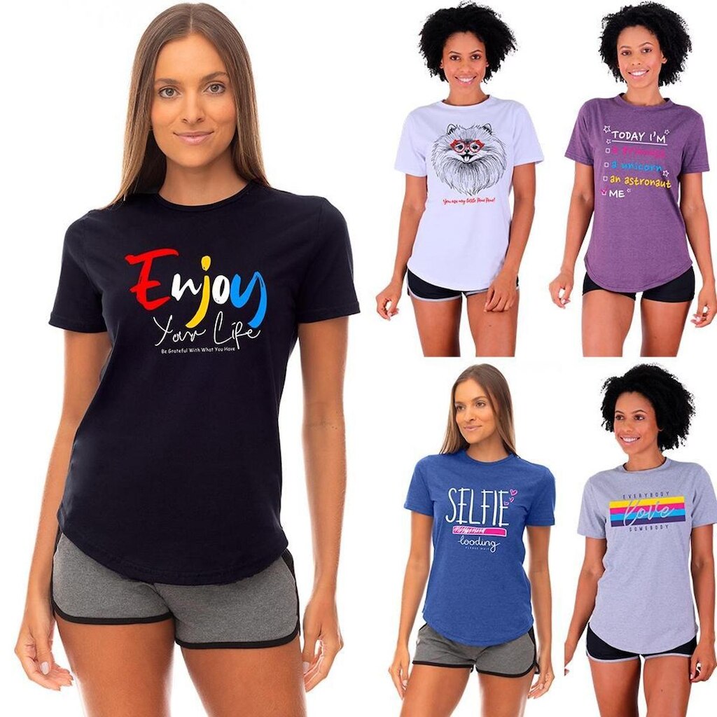 Kit 5 Camisetas Longline Feminina MXD Conceito Slim Diversas Estampas