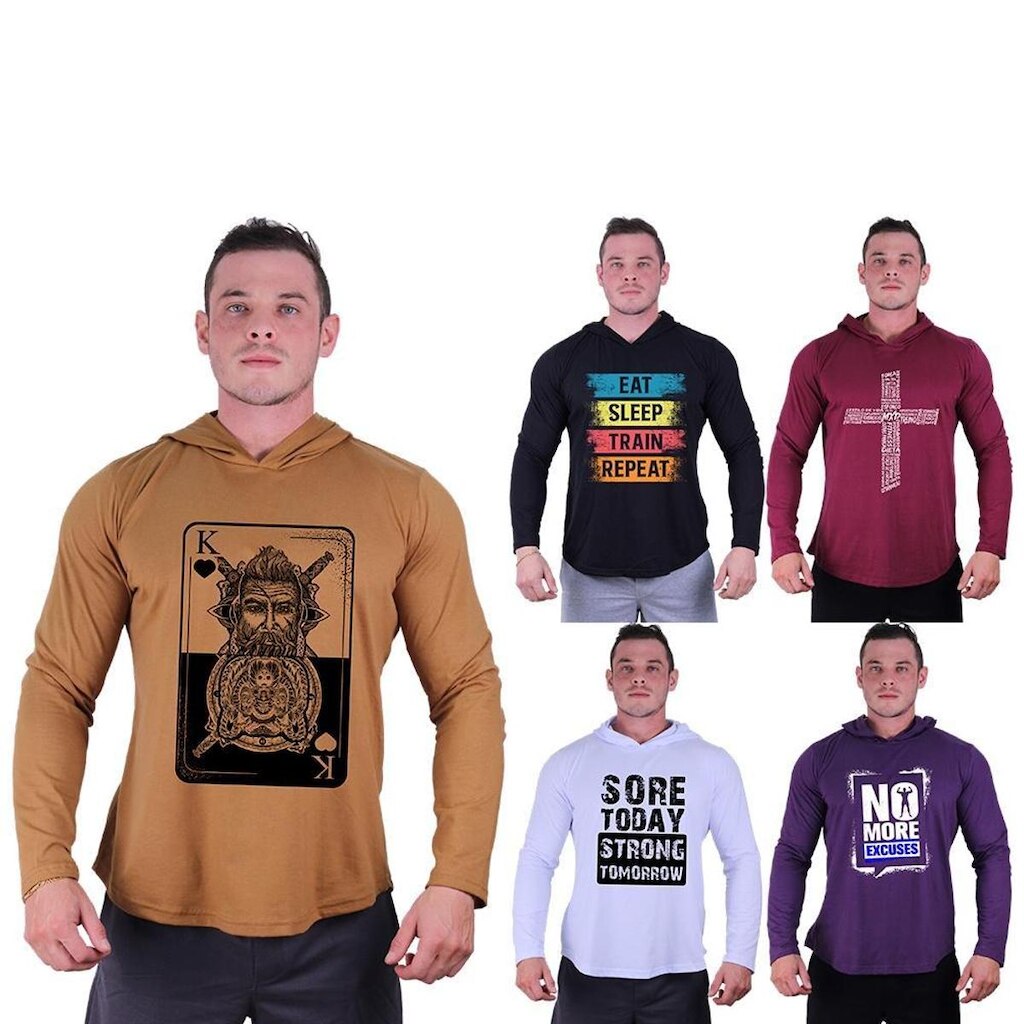 Kit 5 Camisetas Manga Longa com Touca Longline Estampada Treino Academia Lazer Casual