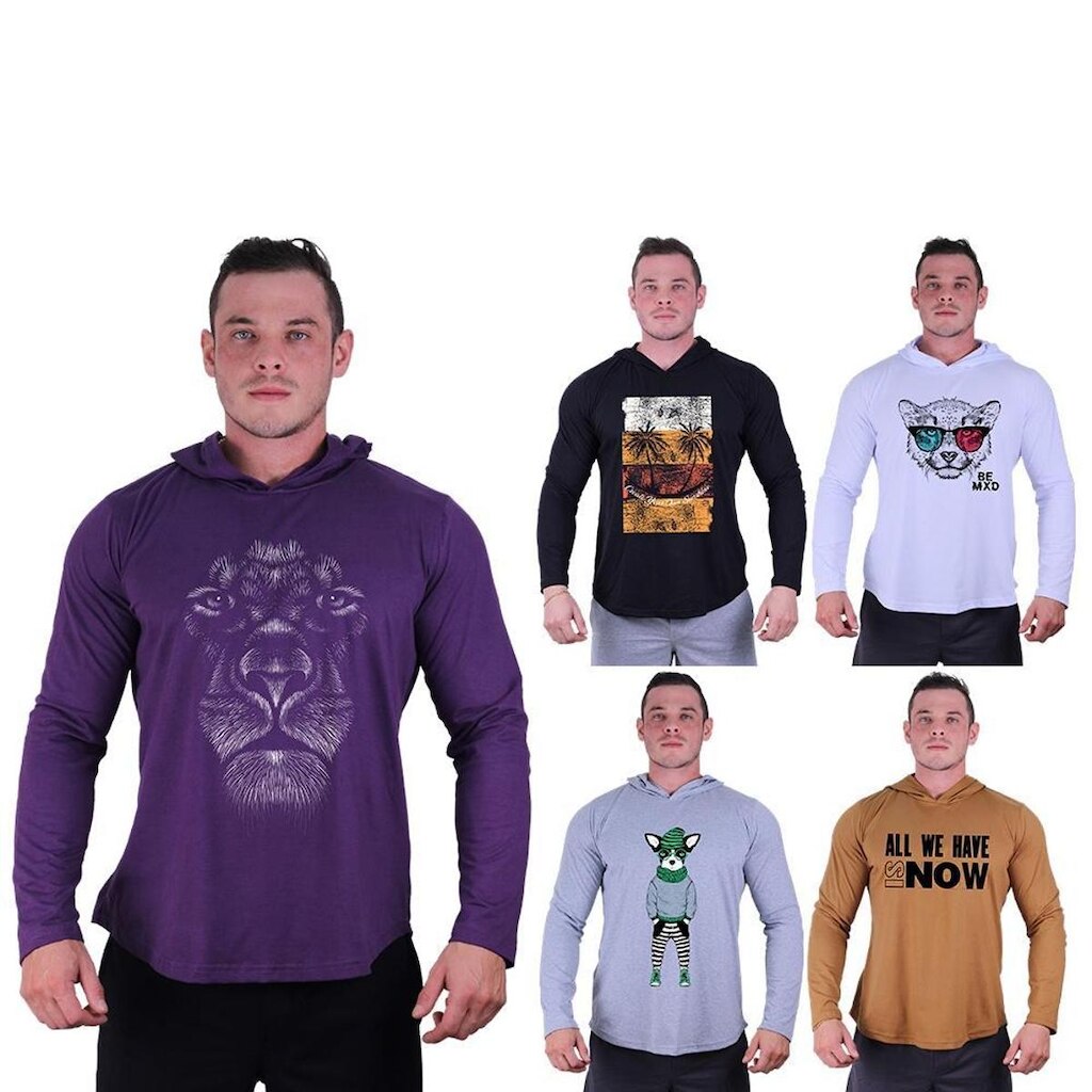 Kit 5 Camisetas Manga Longa com Touca Longline Estampada Treino Academia Lazer Casual