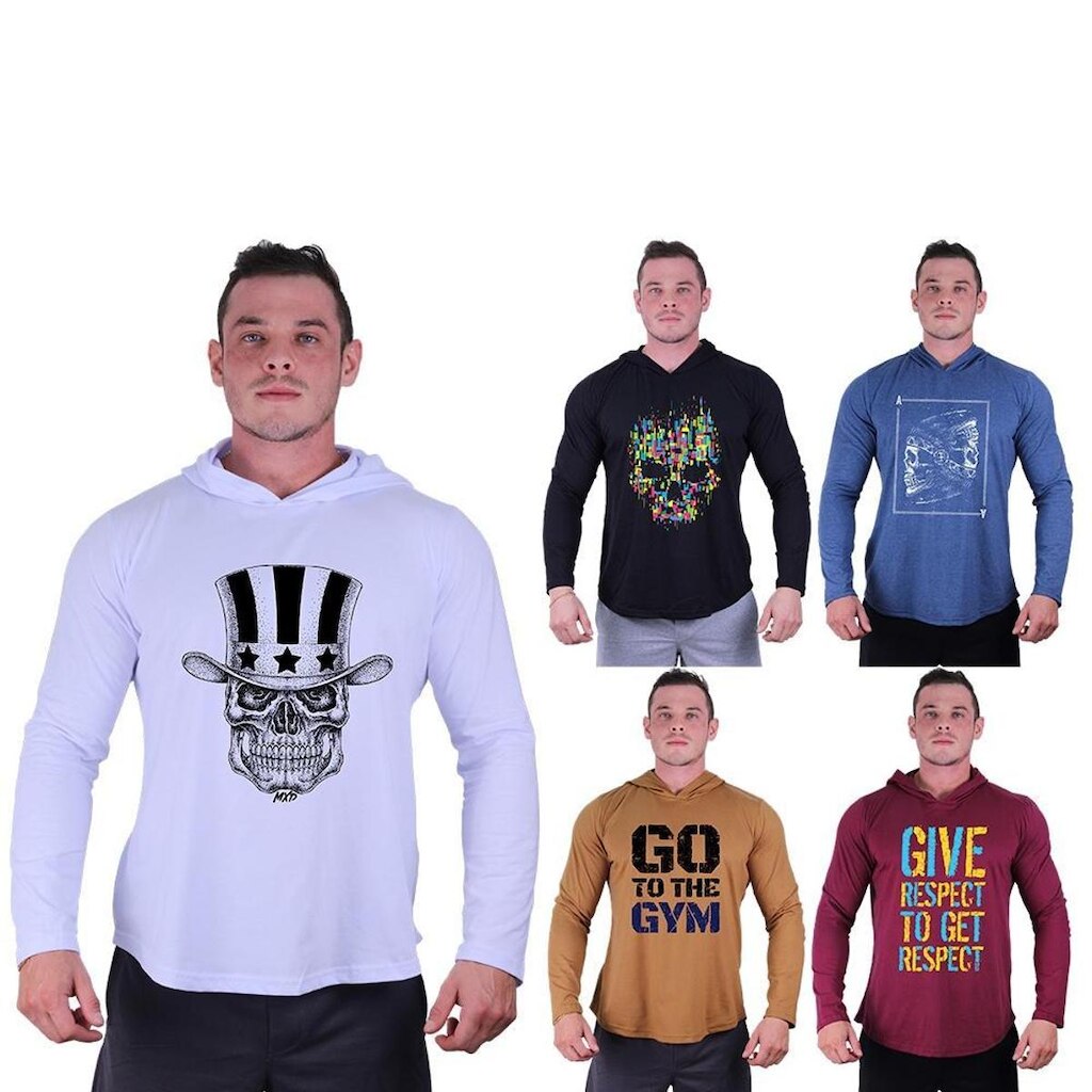 Kit 5 Camisetas Manga Longa com Touca Longline Estampada Treino Academia Lazer Casual