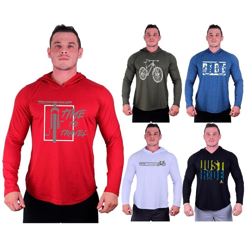 Kit 5 Camisetas Manga Longa com Touca Longline Estampada Treino Academia Lazer Casual
