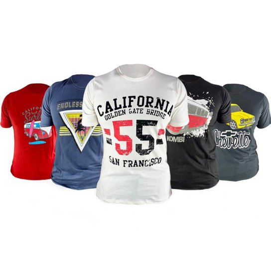 Kit 5 Camisetas Masculinas Estampadas Diversas Estampas - Cinza+Preto Menor preço em Kit 5 Camisetas Masculinas Estampadas Diversas Estampas - Cinza+Preto