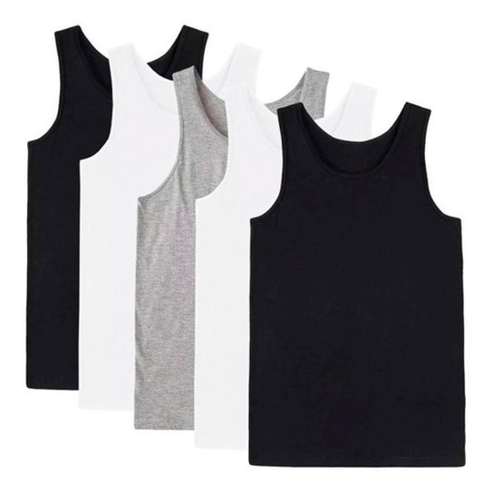 Kit 5 Camisetas Regata Masculina Lisa Algodão Premium - Preto+Branco Menor preço em Kit 5 Camisetas Regata Masculina Lisa Algodão Premium - Preto+Branco